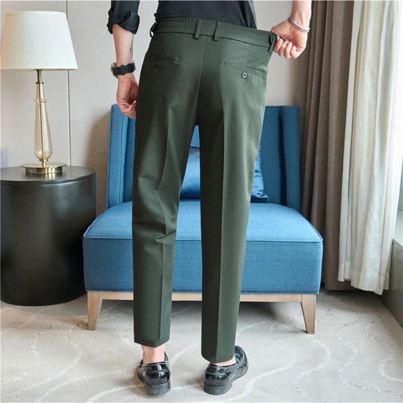 Summer Thin Neapolitan Casual Trousers, Men\'s High-Grade Dark Green Suit Pant, Draping Cool Non-Ironing Fabric,  Elastic Waist