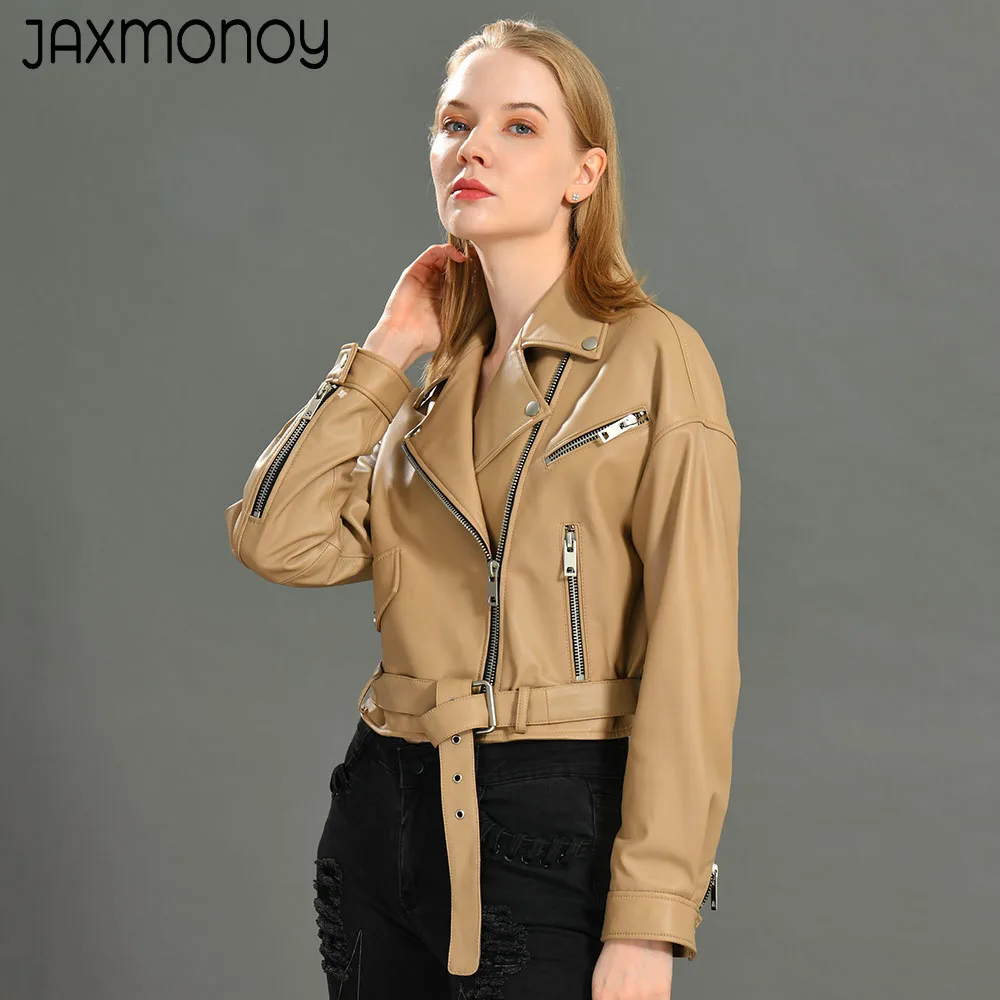 Jaxmonoy Women's Real Leather Jacket With Belt Spring Solid Color Genuine Sheepskin Coat Ladies Autumn Fashion Windproof Jackets