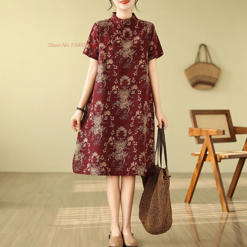 2025 chinese vintage cheongsam dress national flower print cotton linen dress improved qipao chinese a-line qipao folk dress