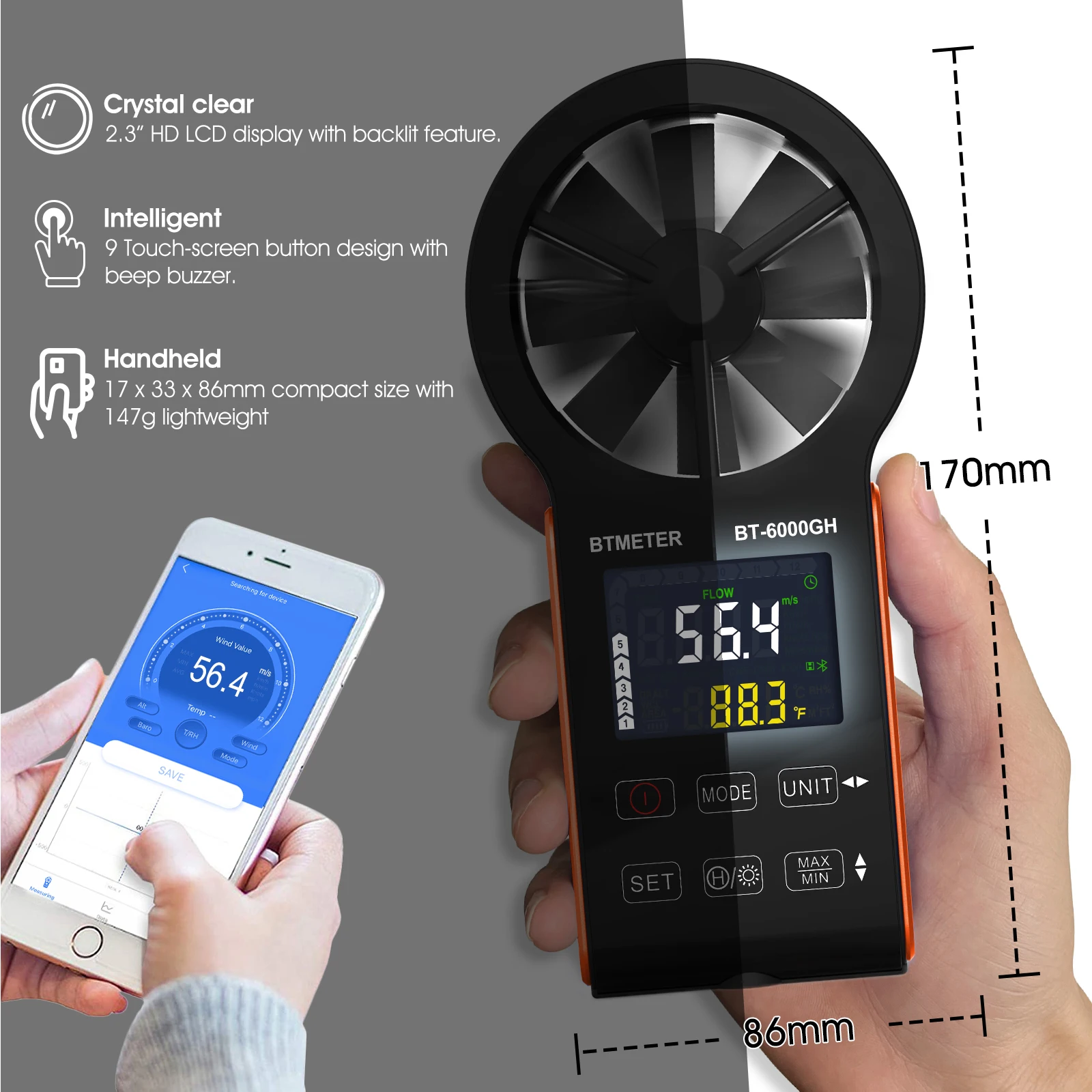 Btmeter-デジタル風速計,充電式タッチキー,最大温度,最大値とmin,空気量のテスト,BT-6000GH-C, 0.3,メートル/秒-30メートル/秒