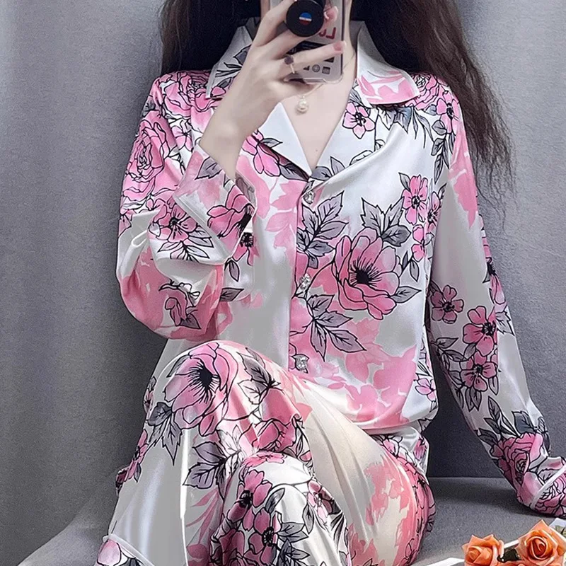 Spring Summer Ice Silk Women Pajamas Silk Stain Retro Floral Pajama Sets Lapel Pijamas Woman Long Sleeved Home Clothing