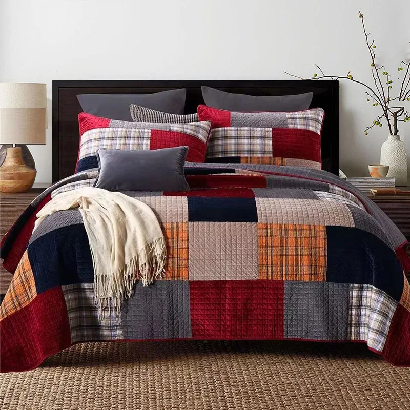 

King Size Quilt Set 3PCS, Winter Velvet Cotton Bedspread, Patchwork Plaid Design Quilted Comforter Coverlet, Home Decor Blanket
