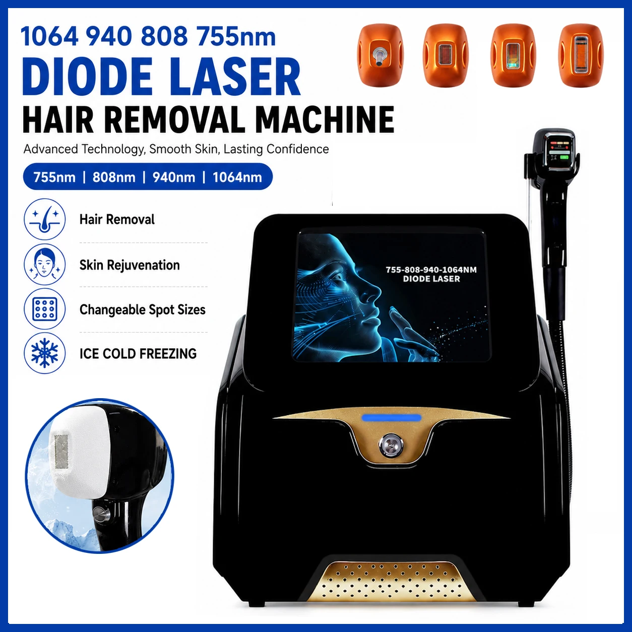 Professional 4 Wavelengths Diode Laser Hair Removal Machine 755 808 940 1064nm Ice Cooling Painless 4 Adjustable Spot Sizes