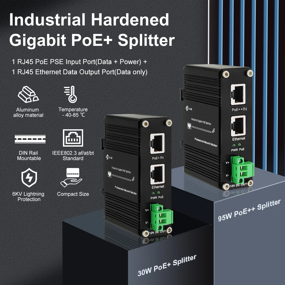 PoE Splitter 10/100/1000Mbps جيجابت 802.3bt الطاقة الصناعية عبر إيثرنت 12VDC 36W الإخراج