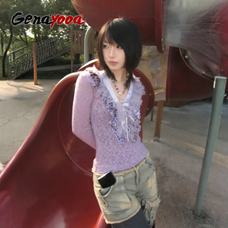

Genayooa Y2k Fairycore Women T-shirt Patchwork Lace Leopard Tee Tops Japanese 2000s Lace Up Tshirts Streetwear Aesthetic Tops