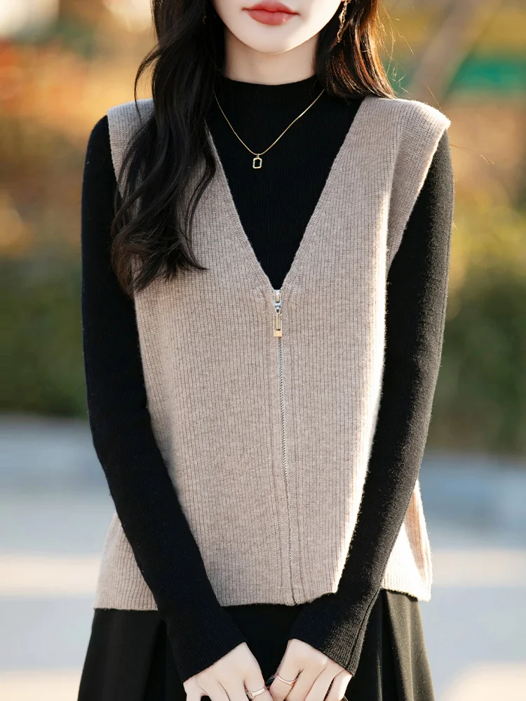 

Autumn And Winter 100% Merino Pure Wool Knitted Large V-neck Cardigan Vest Loose And Versatile Sleeveless Warm Casual Top