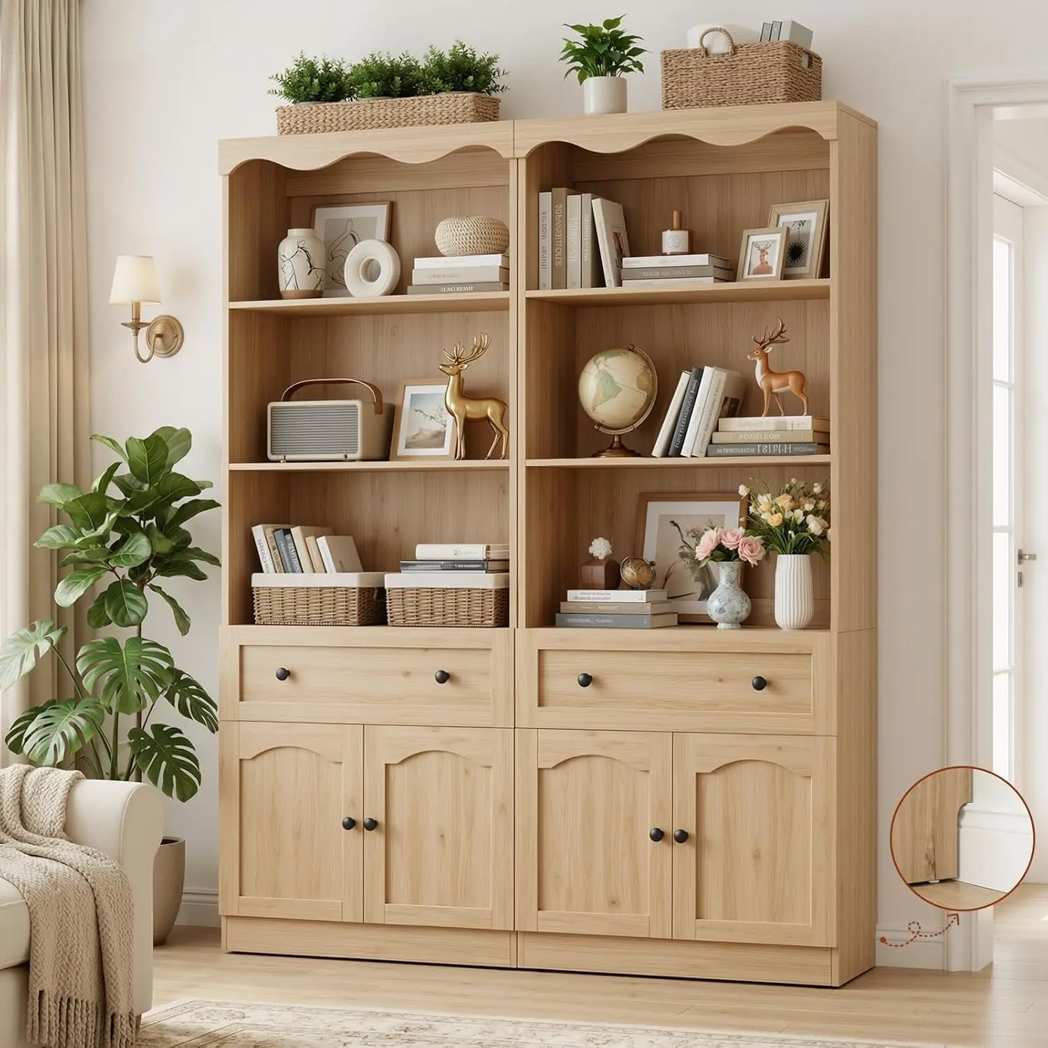 #80 Tall Bookcase With Doors Drawer 3-Tier Shelves Baseboard Notch Wave Design Kitchen Office Storage Oak, Customized