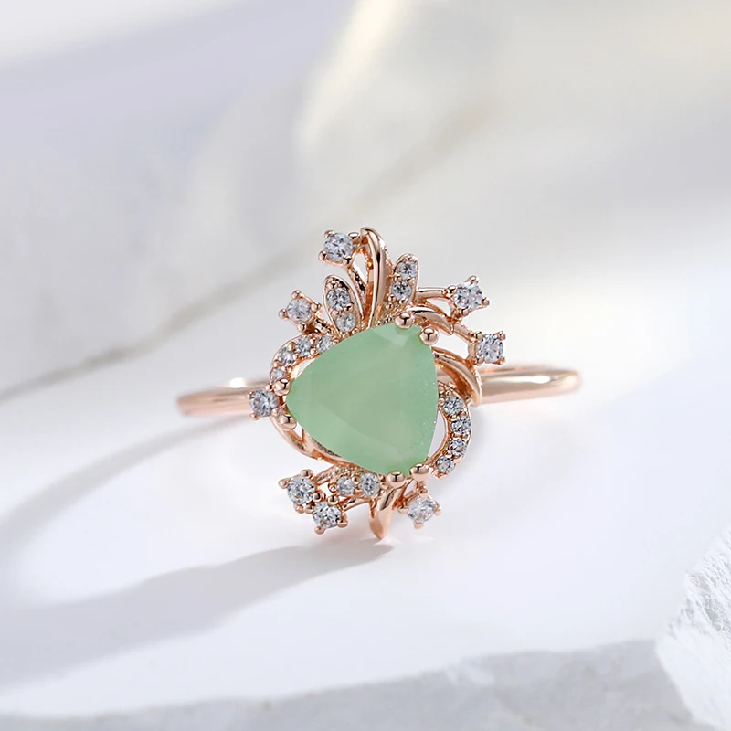 Kinel New Trend Crystal Flower Ring for Women Fashion Green Natural Zircon Accessories 585 Rose Gold Color Fine Daily Jewelry