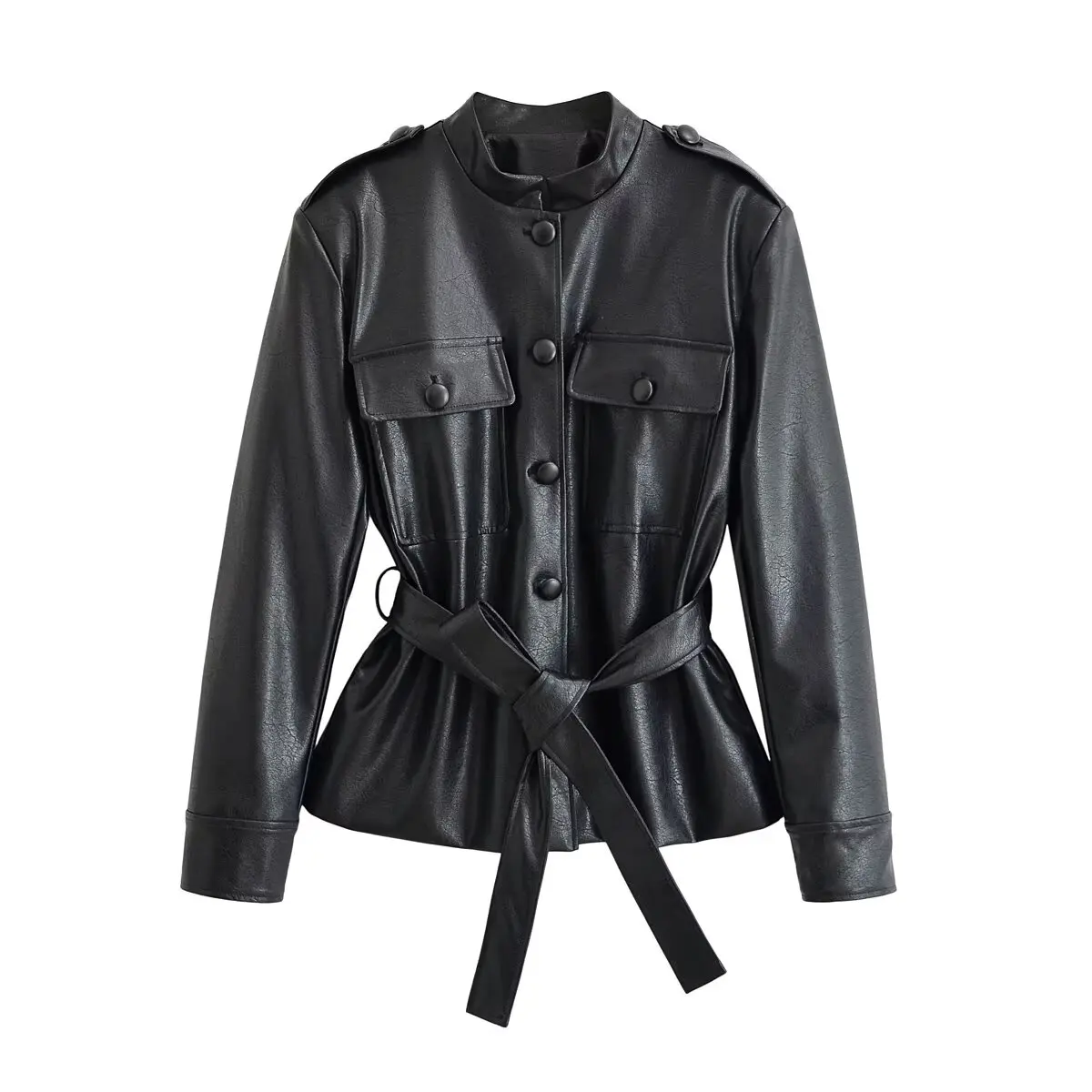 Woman's Black Faux Leather Jackets Autumn Winter Female Chic Coat With Belt Faux Pu Long Sleeve Outwear Lady Streetwear Jackets