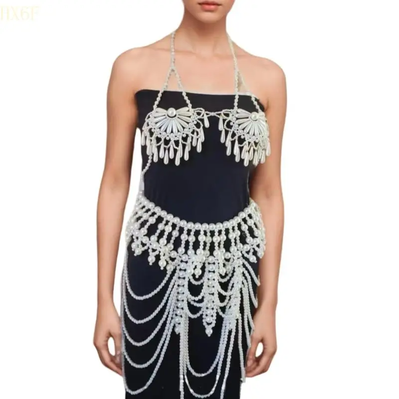 

HX6F Fashionable ABS Pearls Waist Jewelry Body Chain Accessory Festival Wear
