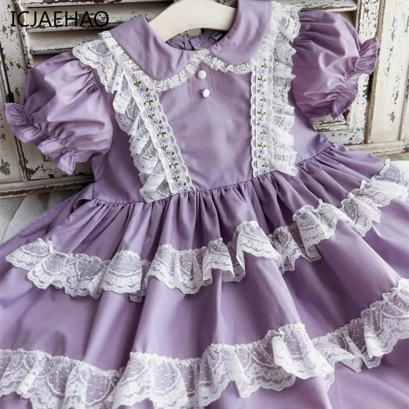 

ICJAEHAO 2024 Purple Fancy Children Girl Lace Princess Dress Puff Sleeves Cotton Kid Clothing with Tie Straps Doll Collar Outfit