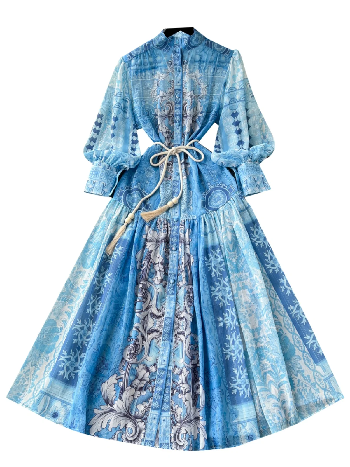 Vestido Longo Estampado F com Cintura Alta, Saia em A, Manga Lanterna, Gola Alta, Barra em Camadas, Estilo Coreano par...