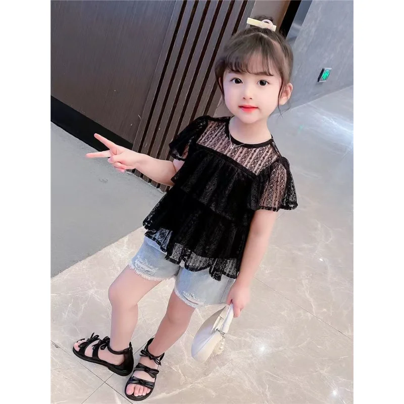 2024 New Fashion Black Blouse for Kids Girls Summer Children Short Sleeve Shirts O-neck Patchwork Lace Korean Style Shirt Q502