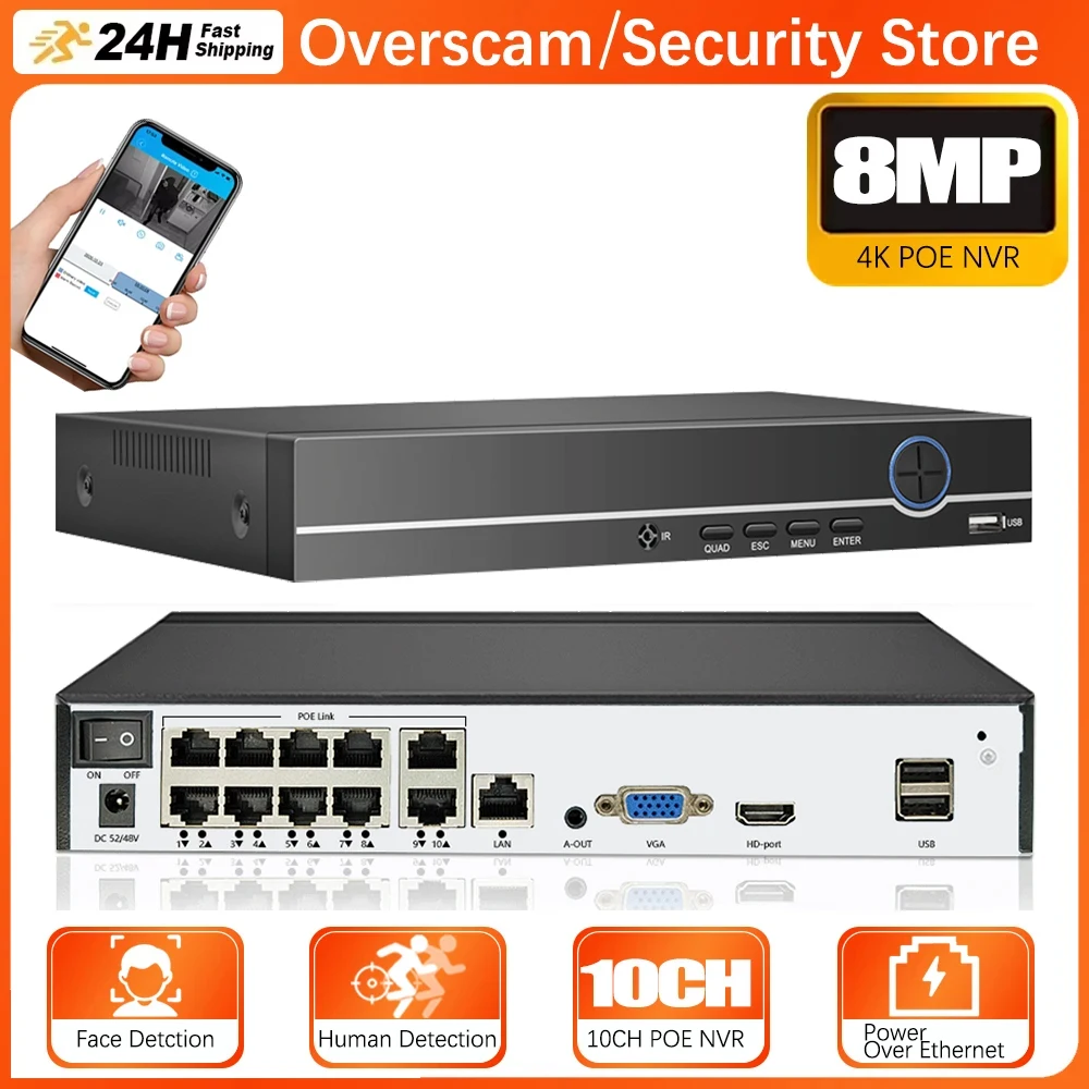 10CH 4K 8MP PoE NVR Video Recorder for Home Security CCTV System 8CH 24/7 Recording H.265 Face Detection 8CH Network Recorder