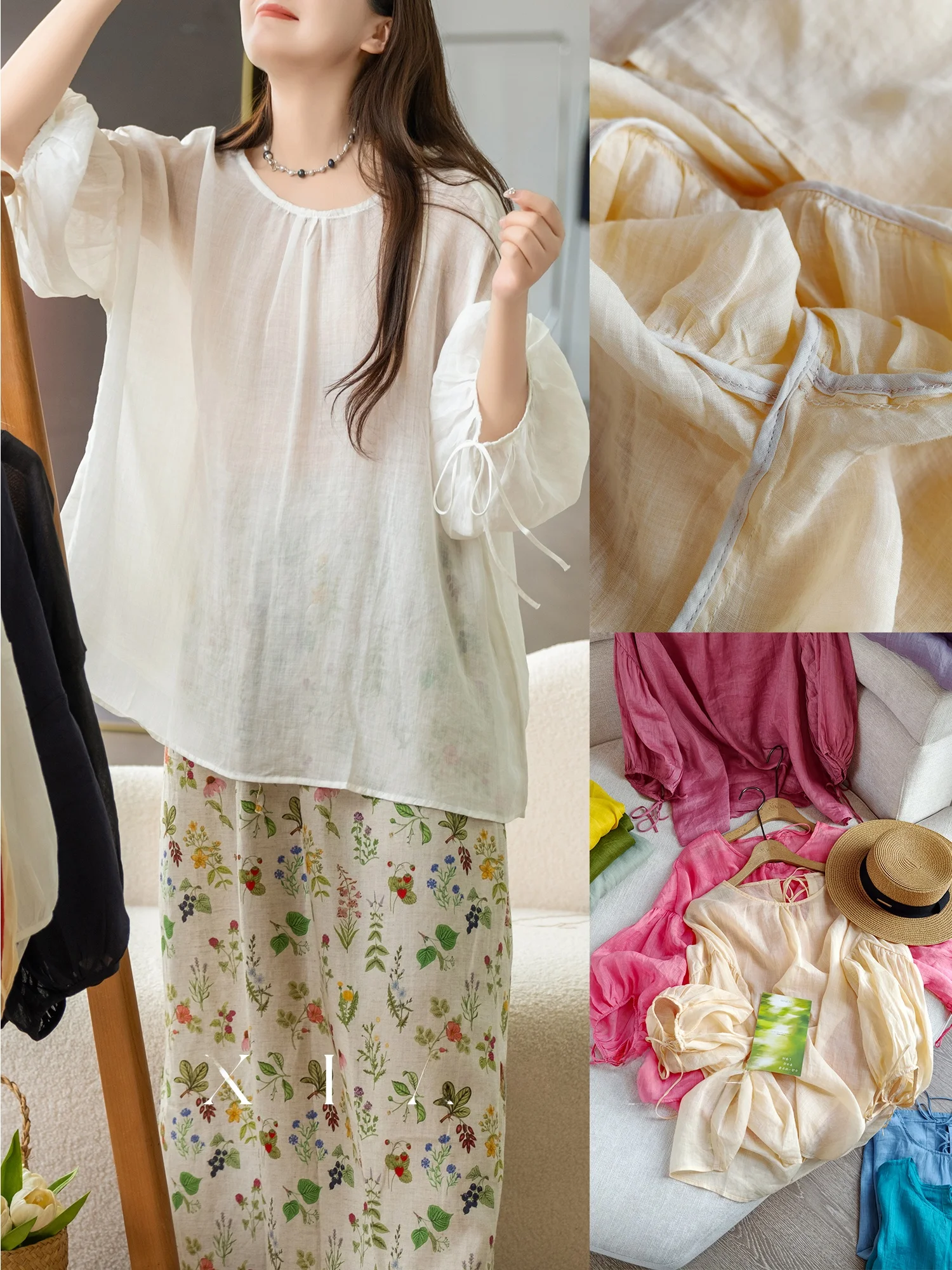 Loose Fit Lantern Sleeve Tunic Top Women's Casual Style 100% Flax Fabric Long Sleeve round Neckline Regular Length T7423