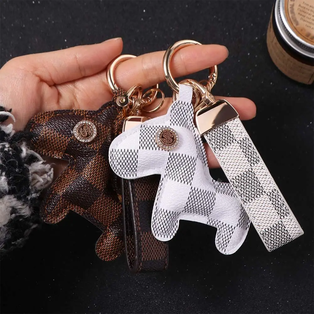 

Cute Animal Horse Shape Keychain Plaid Pattern Rhinestone Car Key Ring Leather Strap PU Leather Bag Pendant Decoration
