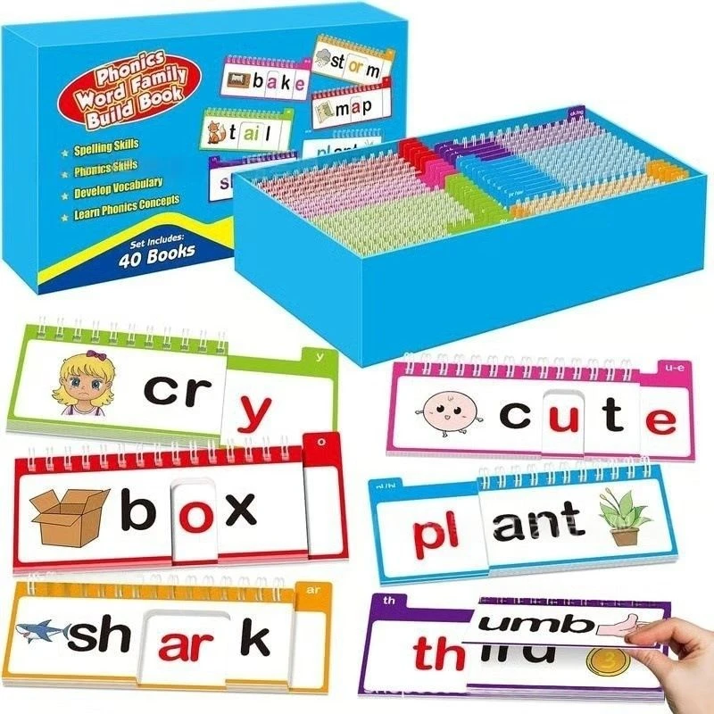 40 Phonics Word Family Flip Books English Vocabulary Set with Sight Words Flash Cards Help Children Learn English Better