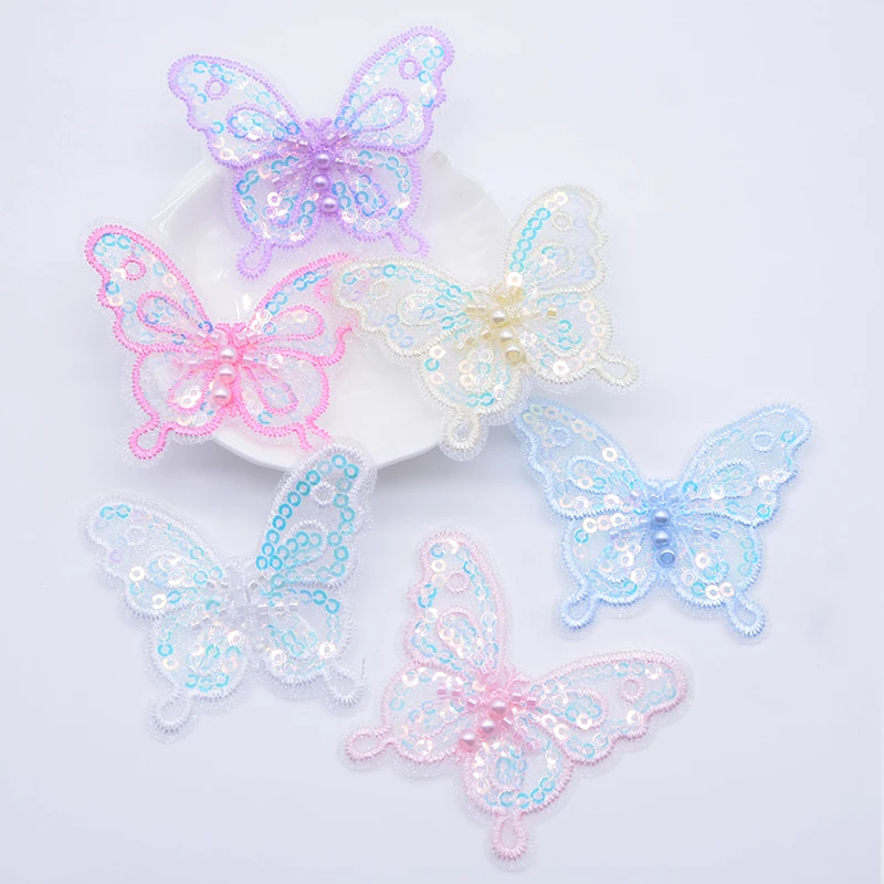 12Pcs 60*50mm Sequins Embroidered Mesh Butterfly Appliques for DIY Headwear Hair Clips Decor Clothes Hat Shoes Sewing Patches