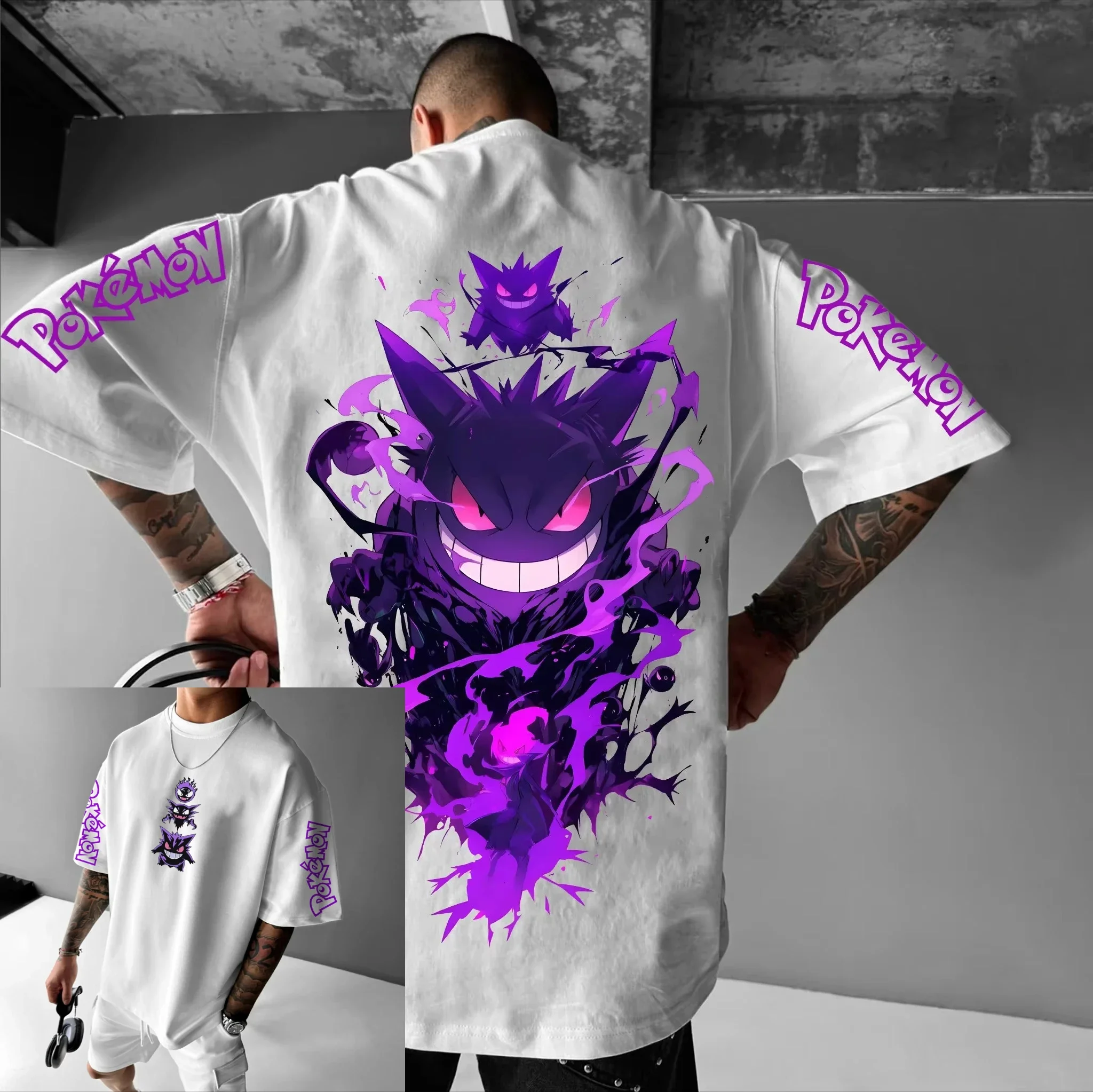 Pokémon Animatie Derivaten Gengar Afdrukken T-shirt Heren en Dames Zomer Oversize Losse Katoenen Street Trend Merk Top - afbeelding 1