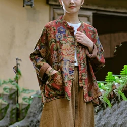 2025 chinese national style retro cotton and linen printed long-sleeved shirt women's spring and summer new loose printed blouse