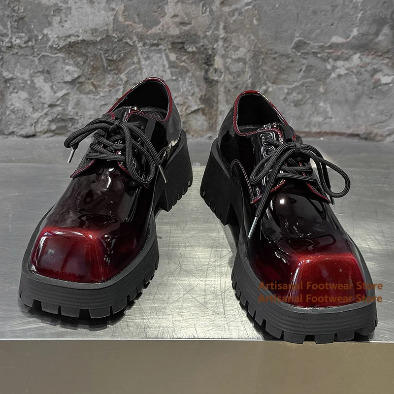 

Square-Toe Derby Shoes for Men Red/brown/black Patent Leather Thick-Soled Casual Shoes New In Height Increasing Men's Shoes