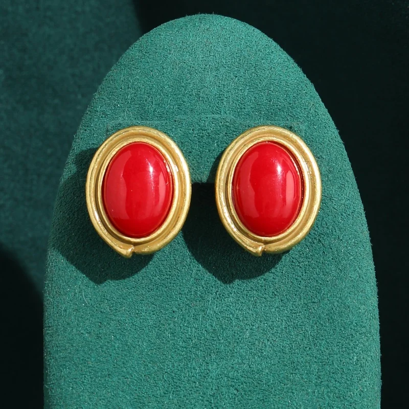

Vintage Red Agate Oval Earring Gold Color For Woman Trend 2026 Valentine Day Anniversary Gift Luxury Quality Trendy Jewelry New