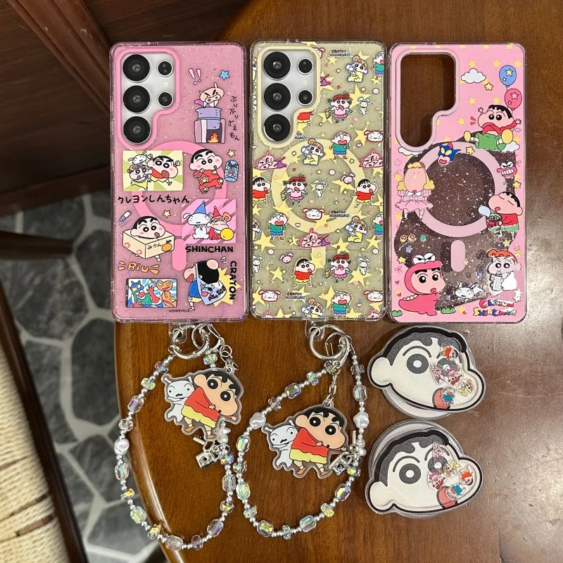

Cute Crayon Shin-chan Best friend Sparkling Magsafe Wireless Charge Case For Samsung S23 S24 S25Ultra Plus Shake Magnetic Stand