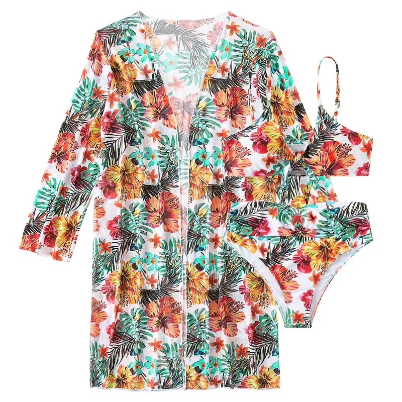 Cikini-High Waisted Floral Printed Swimsuit for Women, Sexy Bikini Set, Three Pieces, Long-Sleeved Blouse, Plus Size Swimwear