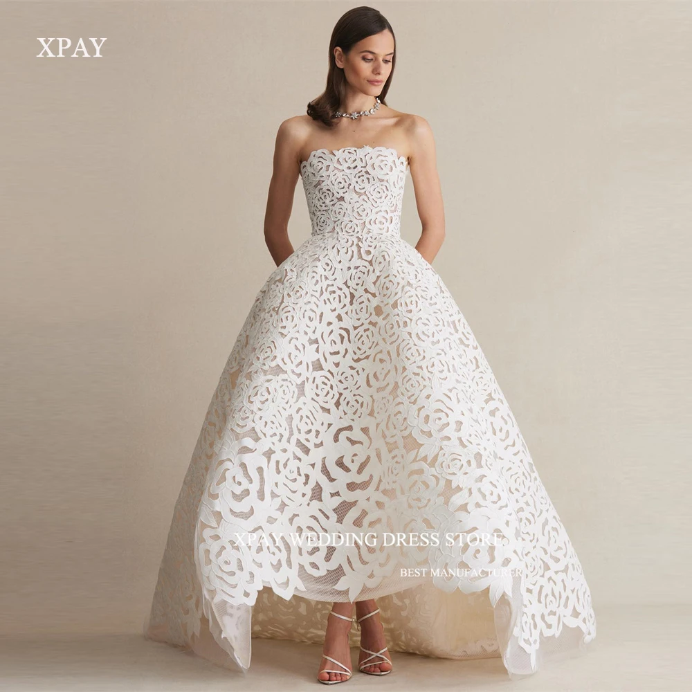 

XPAY Sexy Strapless Full Lace A Line Wedding Dresses Vestido de noiva Modern Bridal Gowns Corset Back Robe de mariage 2024