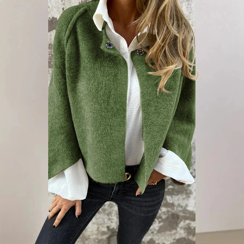 Autumn Winter Commuter Long Sleeved Buttoned Outwear All Match Lady Wool Short Coats Elegant Crew Collar Solid Office Jackets