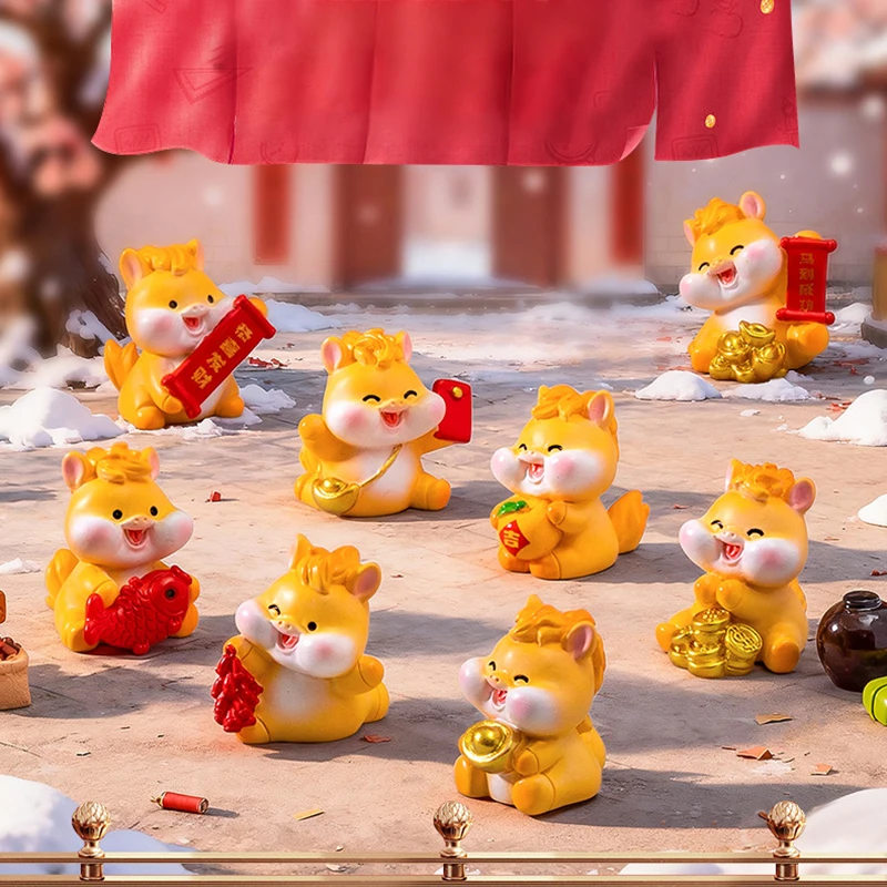 2026 New Year Figurines Miniatures Cartoon Lucky Horse Micro Landscape Car Interior Home Desk Ornaments Room Decor Gift