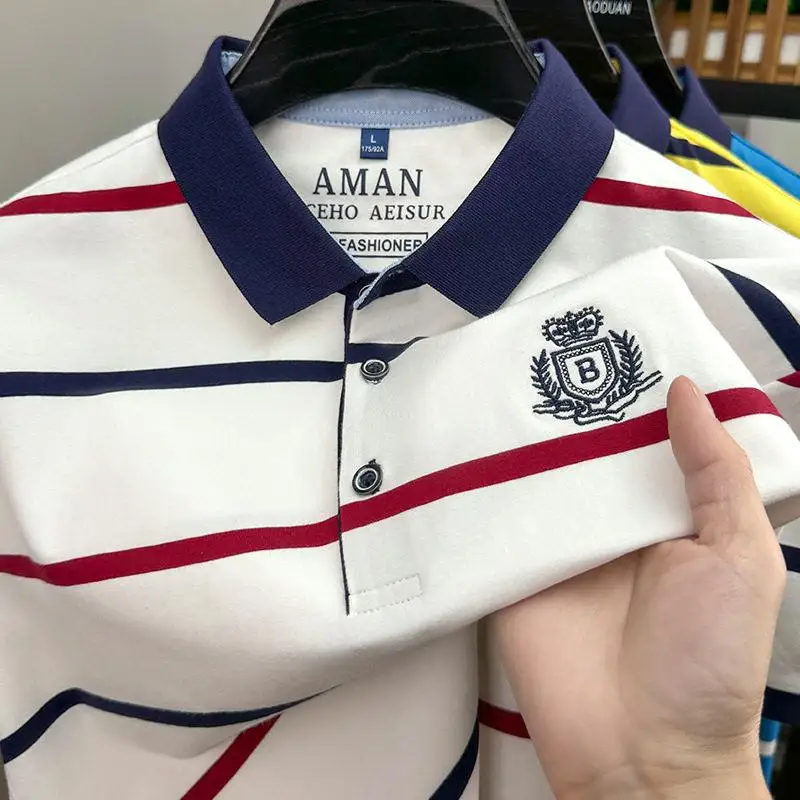 

Summer Casual Short Sleeve Shirt Fashionable Embroidered Striped T-Shirt for Men Turn-down Collar Top