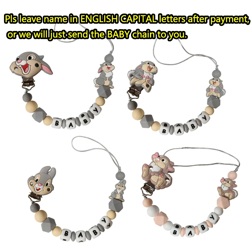 

1 шт., Мисс кролик, типер, Бэмби, персонализированное имя, детская соска, цепочка для прорезывания зубов, зажим, силиконовая бусина, держатель для соски, прорезыватель, подарок