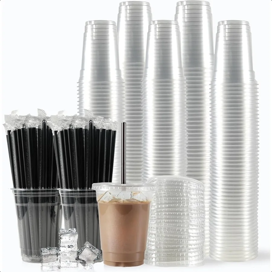 

[200 Sets 12oz] Plastic Cups with Lids and Straws Cups for Iced Coffee Smoothie Milkshake Cold Drinks Clear
