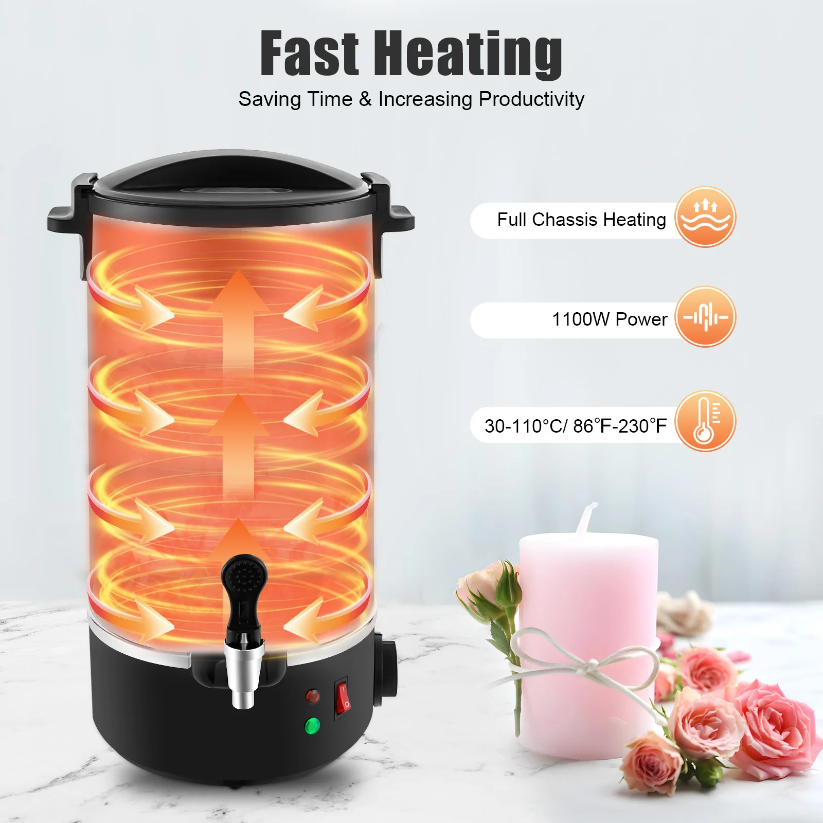 1100 واط 10.8 لتر مذيب الشمع 30-110 ° آلة صنع الشموع المصنوعة من الفولاذ المقاوم للصدأ بشاشة LED للتحكم في درجة الحرارة C لشمع الصويا/البارافين