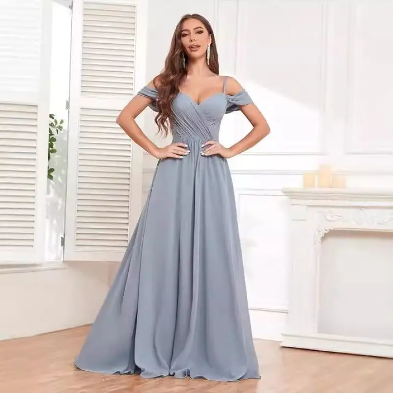 

Элегантное платье подружки невесты с открытыми плечами, свадебное длинное шифоновое сексуальное плиссированное вечернее платье с рюшами29