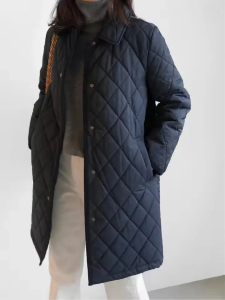 Retro Diamond Pattern Mid-Length Cotton Padded Jacket Women's  Autumn Winter Warm Outerwear Long Sleeve Collar Button Parka