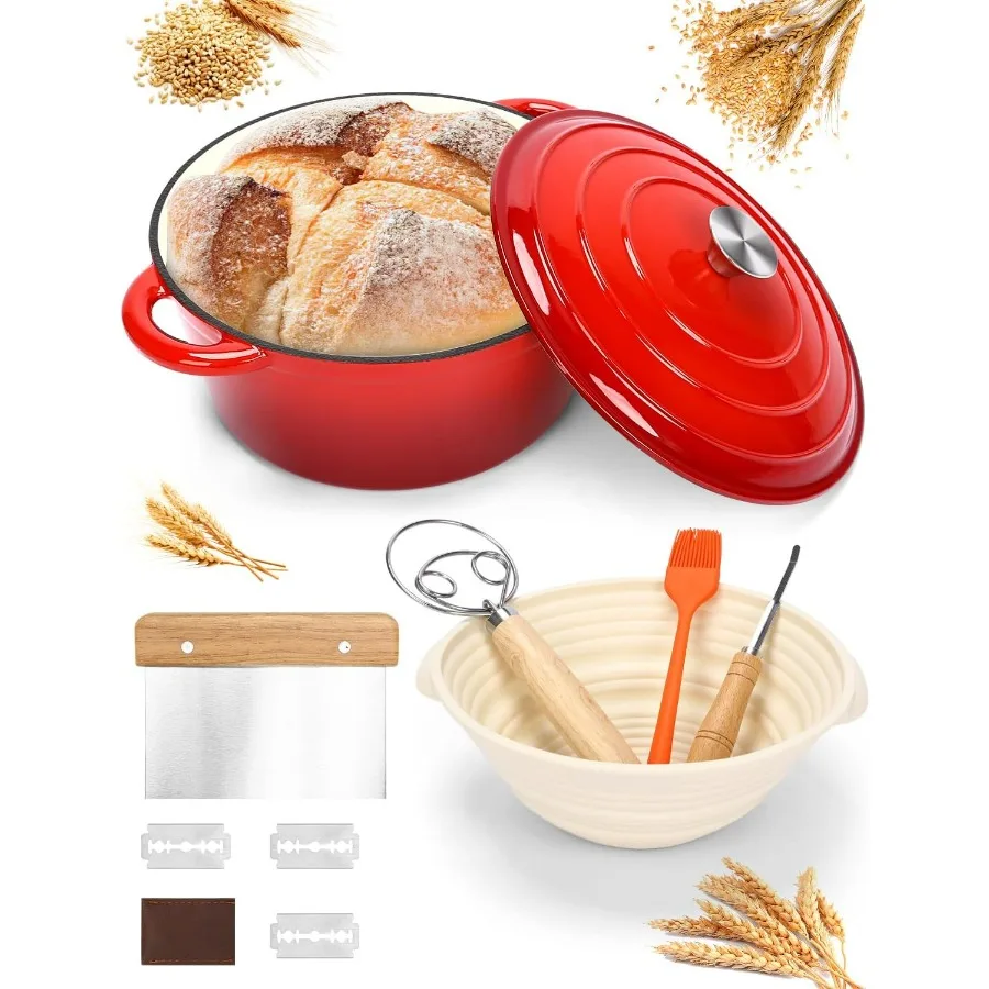 

Dutch Oven for Bread Baking 6 QT Enameled Cast Iron BreadOven with Lid incl. Sourdough BreadBaking Supplies like Bread Proofing