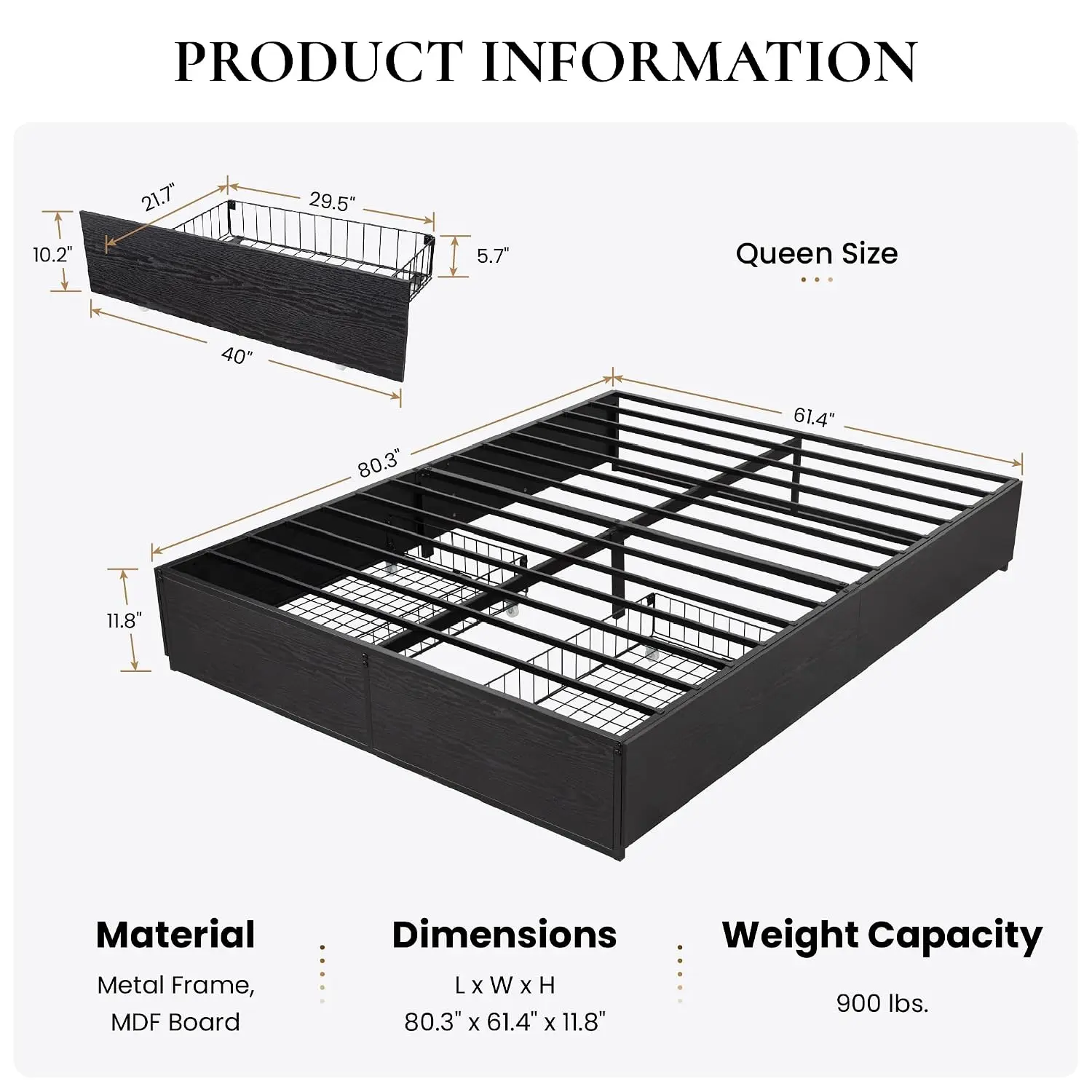 Queen Platform Bed Frame with 2 Large Storage Drawers, Black Metal & Rustic Wood, Noise-Free No Box Spring Needed, Customized