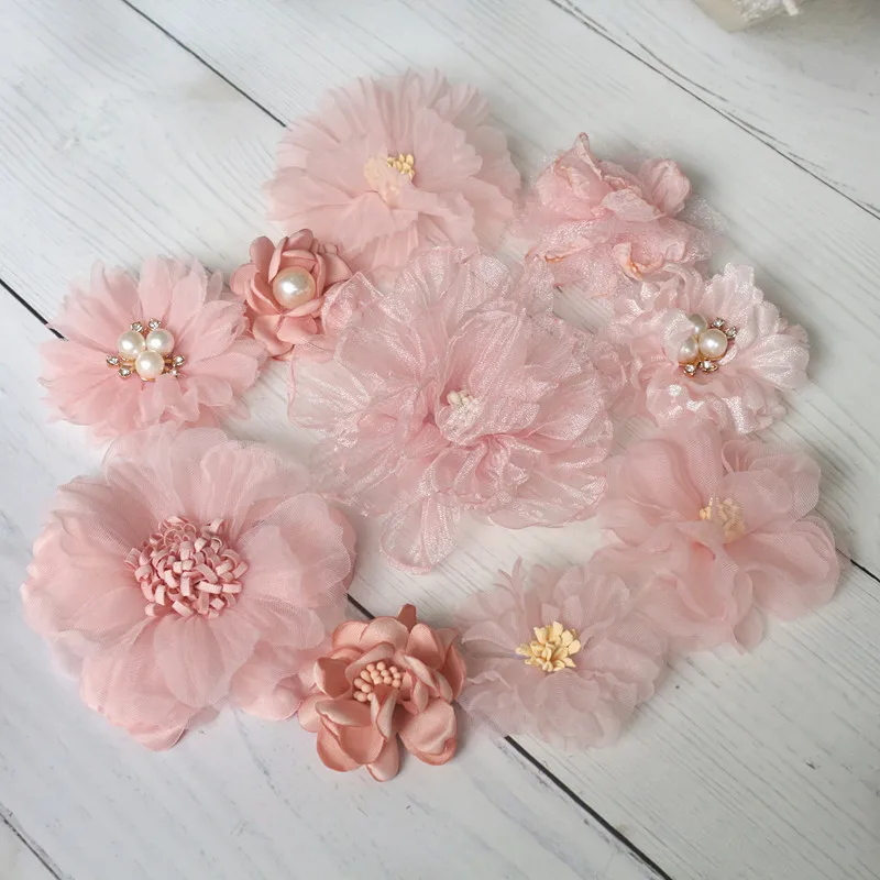 10PCS/Lot Pink Series Mix Styles Set Chiffon Fabric Flowers For Wedding Dress Hat Shoes Decoration