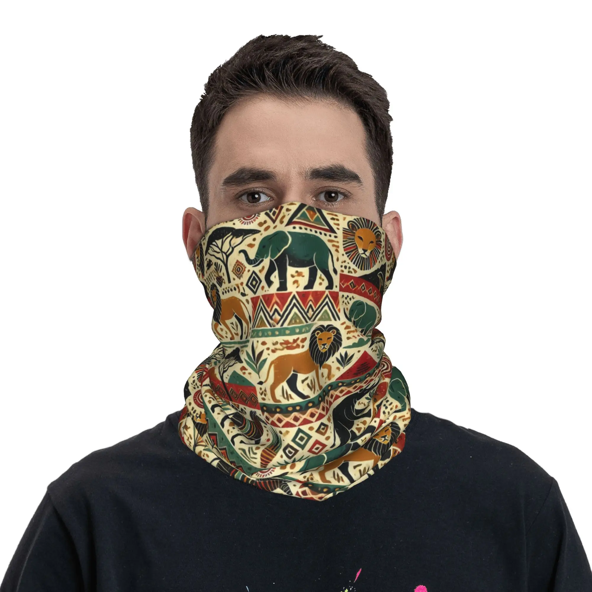 African Tribal Wildlife Ethnic Flow Bandana Neck Cover Printed Face Scarf Warm Cycling Scarf Running Unisex Adult