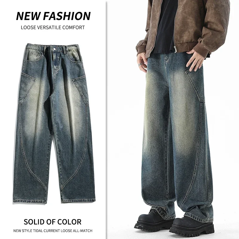 

Модные винтажные прямые мешковатые джинсы, мужская стираная уличная одежда, свободные джинсовые брюки, брендовая одежда, широкие брюки с эластичной резинкой на талии