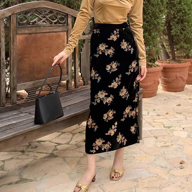 Korean Fashion Golden Velvet Autumn Winter Long Skirt Women High Waist A-Line Elegant Vintage Midi Skirts Print Female Ladies