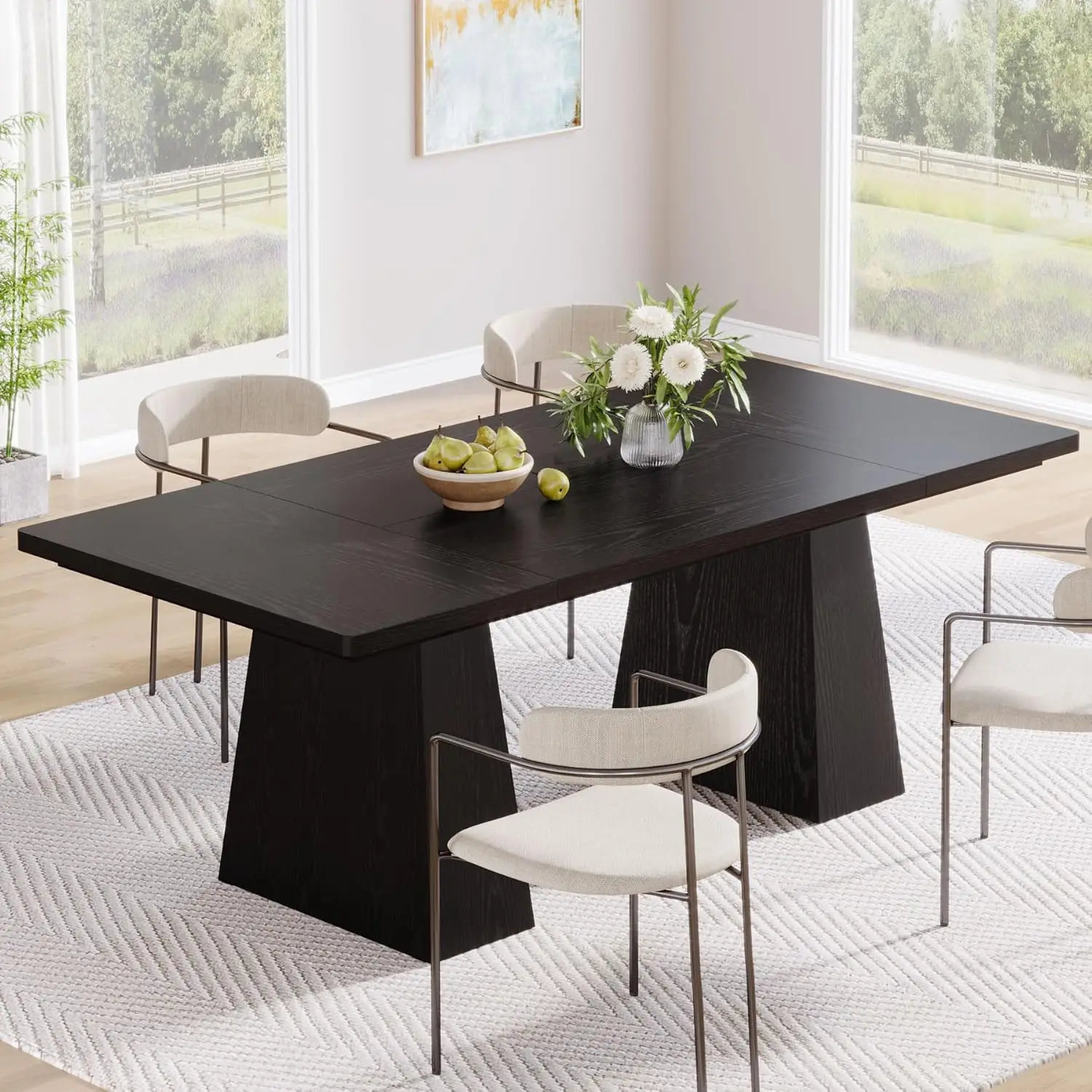 Black Dining Table for 4-6, Modern Kitchen Table with Sturdy Tapered Wood Legs, Rectangular Dinner Table with Large Tabletop for