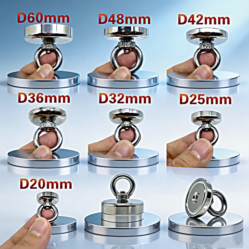 Many Size 1pc Super Strong Neodymium Magnet Salvage Magnet Deep Sea Fishing Magnet Holder Pulling Mounting Pot with Ring Eyebolt