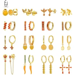 925 Sterling Silver Ear Buckles Fashion Hoop Earrings Orange/Yellow Crystal Pendants Gold Earrings High Jewelry Gifts for Women