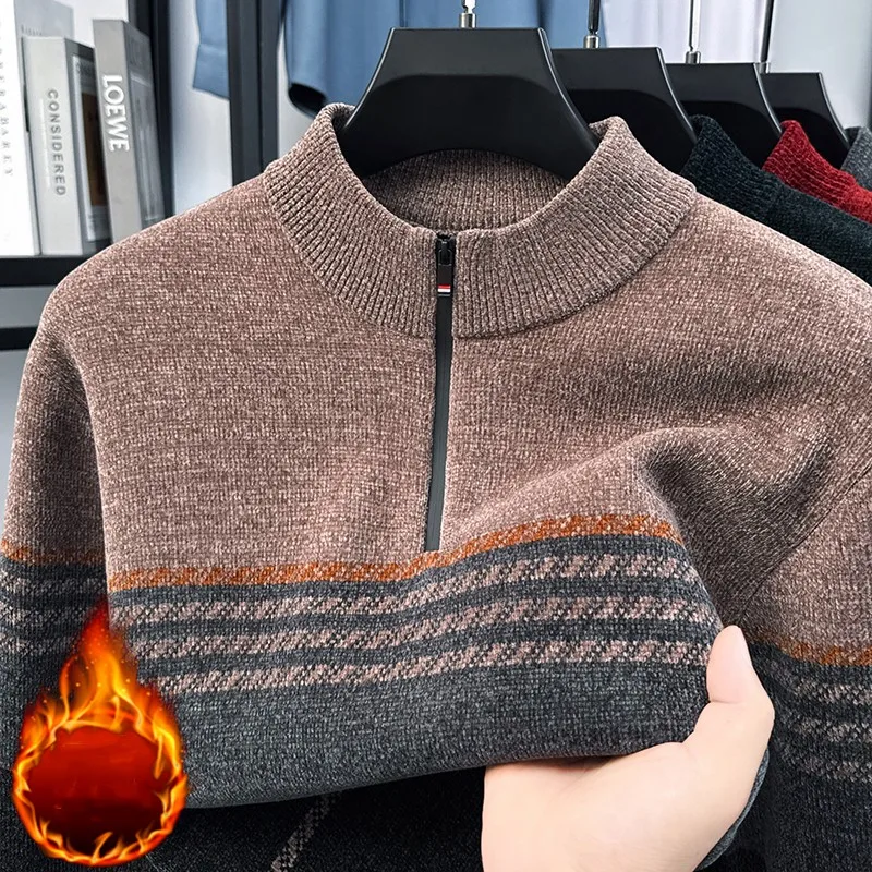 

Personality striped color blocked men's knitted pullover high-quality half zipper round neck winter thicken warm casual sweater