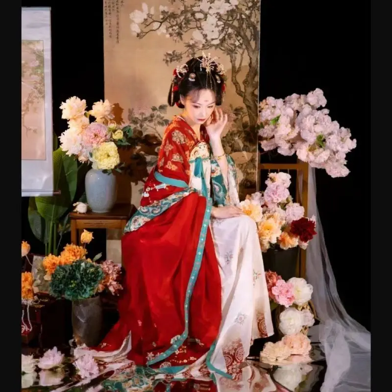 Hua Xiang Rong Hanfu Dress Set New Tang Hanfu Chinese Style Large Chest Length Wide Sleeved Ru Skirt Red Han Chinese Clothing