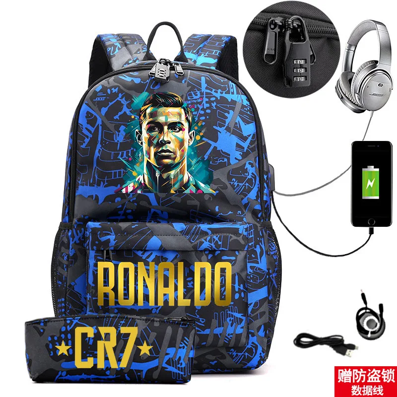 Mochila con estampado de Ronaldo para estudiantes, bolso escolar informal con usb y cerradura, bolsa de viaje para exteriores, bolsa para