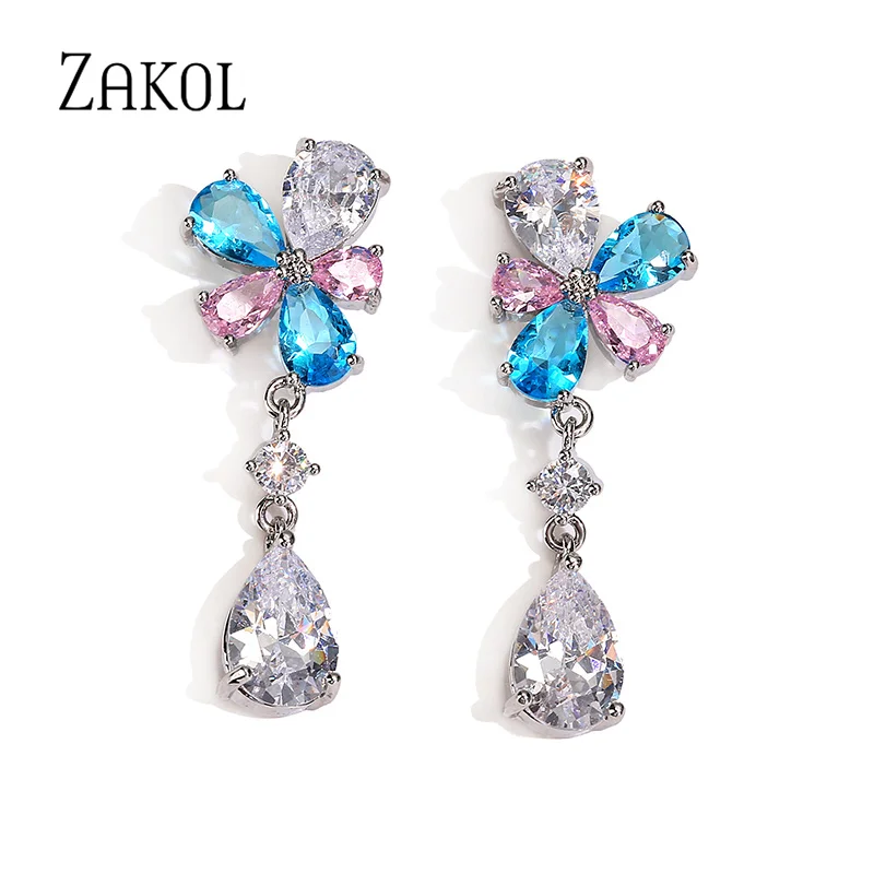 ZAKOL Fashion Mutilcolor Flower Dangle Earrings for Women Shiny Sea Blue Water Drop Zircon Bridal Earring Wedding Party Jewelry